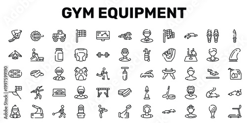 gym equipment outline icon set featuring visor, protector, backup car, cardio icons.