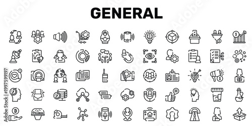 general outline icon set featuring mri scanner, news feed, real time data, product release icons.