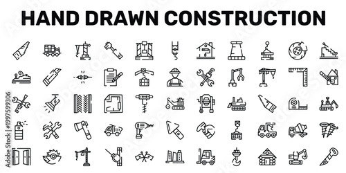 hand drawn construction outline icon set featuring light spot, blueprint hand drawn tool, inclined ax, screw hand drawn tool icons.