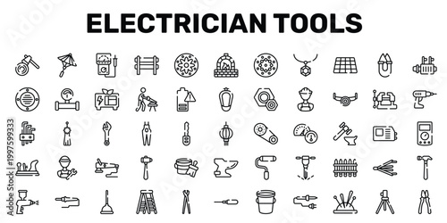 electrician tools outline icon set featuring norigae, overalls, polisher, clamps icons.