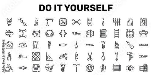 do it yourself outline icon set featuring windshield, stillson wrench, tile, door and window icons.