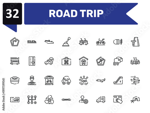 road trip outline icon set featuring right, motorboat, bus depot, campsite icons.