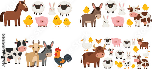 Large collection of cute cartoon farm animal vector set featuring cows, horses, pigs, sheep, goats, donkeys, and chickens for children's educational books and nursery wall stickers.