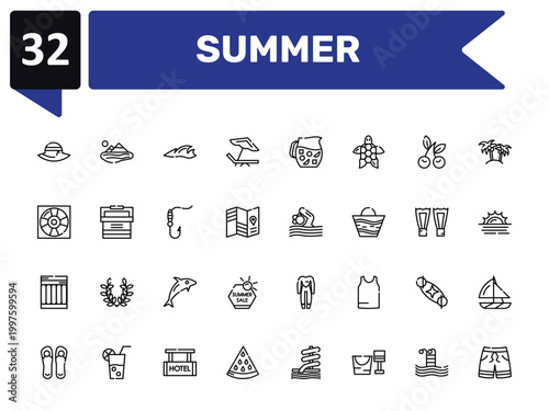 summer outline icon set featuring pamela hat, ocean, swimming person, swimming trunks icons.