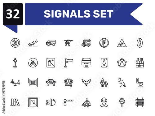 signals set outline icon set featuring wheel vehicle part, minivan taxi, portable printer, rectangle and arrow icons.