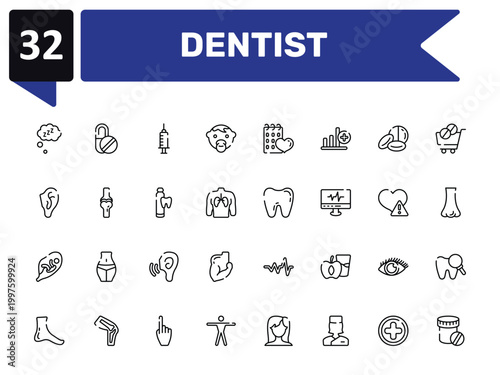 dentist outline icon set featuring zzz sleep, anesthesia dentist injection diagonal, tooth, dentist drugs container icons.