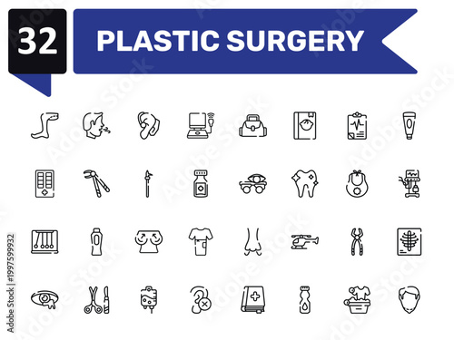 plastic surgery outline icon set featuring legs, hearing aid, optometrist, chin icons.