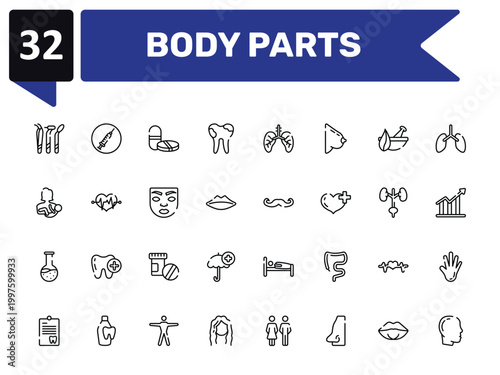 body parts outline icon set featuring dentist tools, tablet and capsule medications, mustache curled tip, male with bald hair side view icons.
