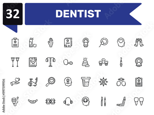 dentist outline icon set featuring medical record, allergic, lithotherapie, incisor icons.