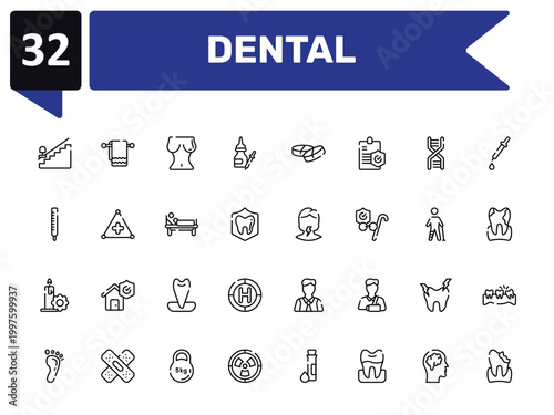 dental outline icon set featuring null, breasts, sore throat, decay icons.