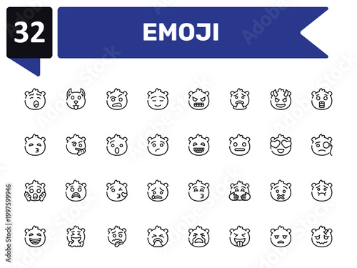 emoji outline icon set featuring yawning emoji, sceptic emoji, grinning headache icons.