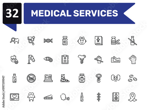 medical services outline icon set featuring dental checkup, genes, dental implant, funeral icons.