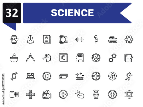 science outline icon set featuring medical app, biography, sd, microprocessor icons.