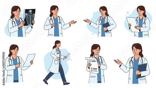 Professional female medical doctor depicted in multiple poses including holding an X-ray, examining records, walking, and talking.