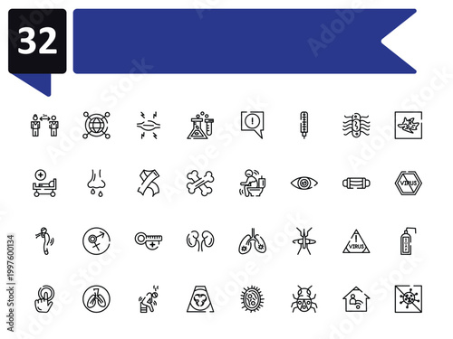 outline icon set featuring keep distance, myaia, diarrhea, antiviral icons.