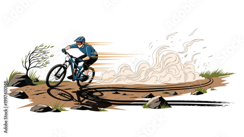 Determined mountain biker racing through a dusty dirt track on a rugged terrain with mountains and a clear sky in the background.