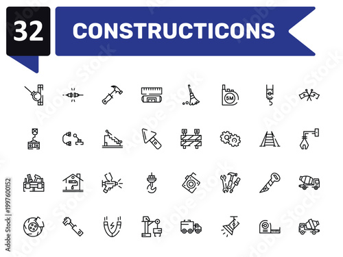 constructicons outline icon set featuring demolishing ball, hammer tool, barrier construction limit tool, cement truck icons.