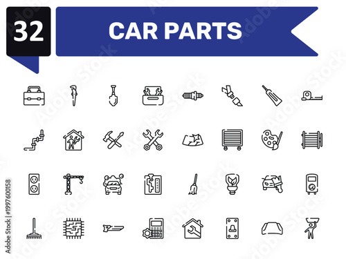 car parts outline icon set featuring lunchbox, gardening palette, windshield, null icons.