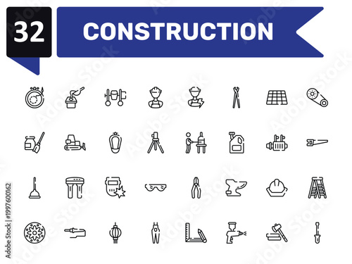 construction outline icon set featuring embroidery, cement mixer, glassblowing, screwdrivers icons.