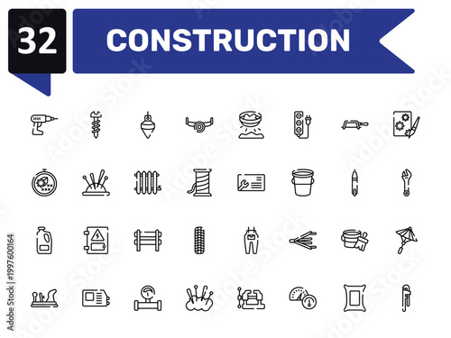 construction outline icon set featuring hand drill, plumb bob, business cards, hand tool icons.