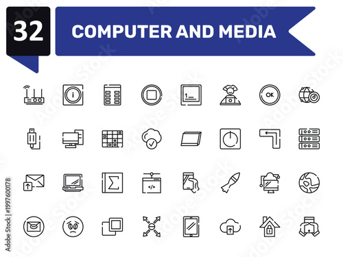 computer and media outline icon set featuring wireless lan router device, spreadsheet column, tablet screen in perspective, null icons.