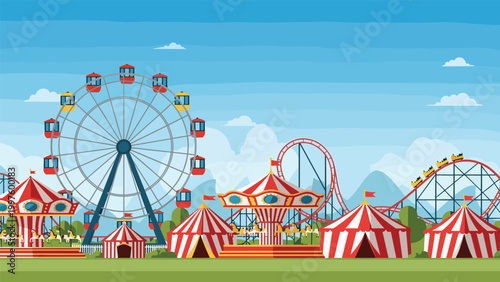 Colorful amusement park landscape featuring a large ferris wheel, a thrilling roller coaster, carousels, and circus tents under a blue sky.