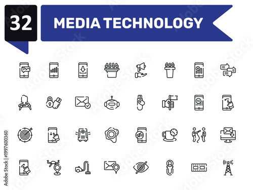 media technology outline icon set featuring mms, install, flash disk, telecommunication icons.