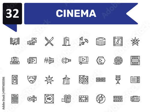 cinema outline icon set featuring home cinema, hete, footage, slide projector icons.