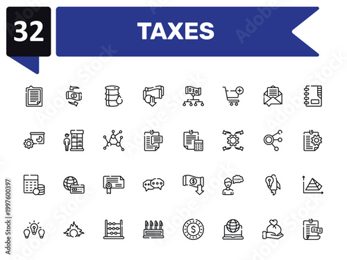 taxes outline icon set featuring explanation, oil barrel, estimate, bills icons.