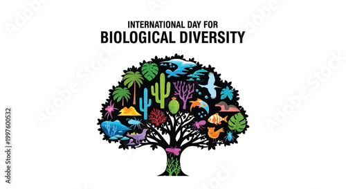International day for biological diversity celebrated with vibrant tree illustration representing diverse life forms.