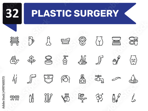 plastic surgery outline icon set featuring wooden chair, , soak, rhinoplasty icons.