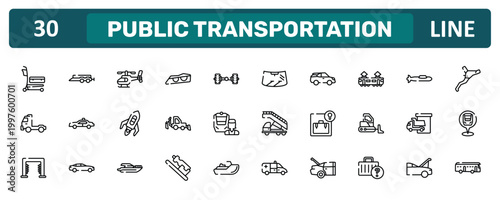 public transportation outline icon set featuring airport cart, tram side view, loading/unloading area, checker icons.