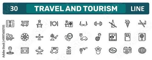 travel and tourism outline icon set featuring wine menu, no drink, prayer room, earth globe icons.