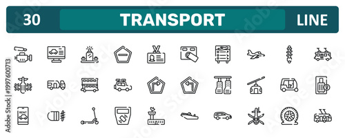 transport outline icon set featuring car engine, army airplane, null, trolleybus icons.
