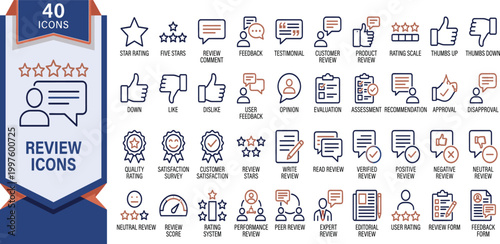 A collection of various review icons displayed on a digital platform.