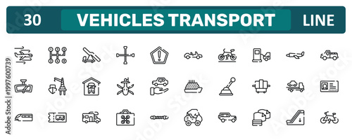 vehicles transport outline icon set featuring turbulence, refilling, tow, electric bike icons.