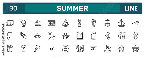 summer outline icon set featuring postcard, terrace, fins, beach bag icons.