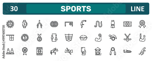 sports outline icon set featuring crank, sport wear, field hockey, paralympics icons.