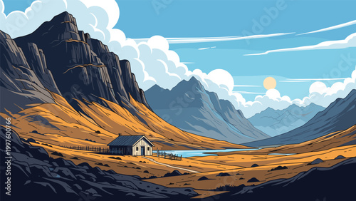 Picturesque mountain landscape with a solitary small house near a lake under a bright sun and fluffy white clouds in the sky.