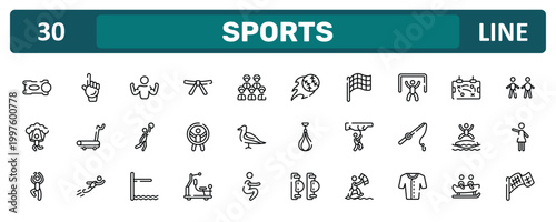 sports outline icon set featuring stem, goalie, blobbing, checkered flag icons.