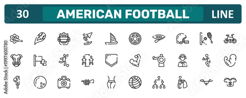 american football outline icon set featuring crank arm, rugby helmet, catcher, protections icons.