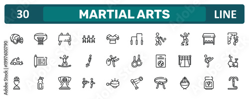 martial arts outline icon set featuring hockey helmet, powerbocking, master, grappling hook icons.