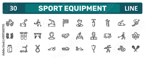 sport equipment outline icon set featuring off road, golf caddy, hammer throwing, lacrosse icons.