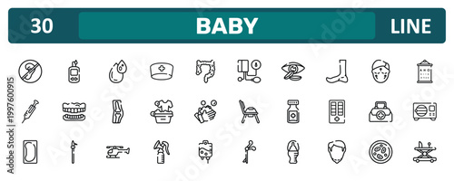 baby outline icon set featuring deaf, ankle, doctor briefcase, baby walker icons.