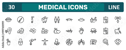 medical icons outline icon set featuring smiling mouth showing teeth, natural herbs and a mortar for healing, note on a clipboard, baby face icons.