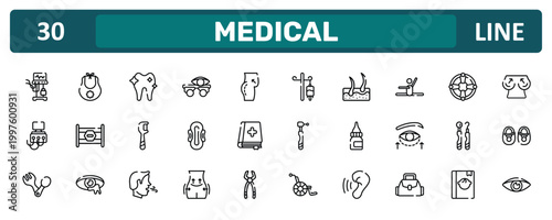 medical outline icon set featuring ventilator, stretch, dental hook, eyesight icons.