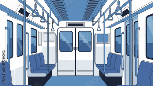 Minimalist blue-toned interior of an empty subway train showing seats, hand rails, and doors for urban transport concepts.