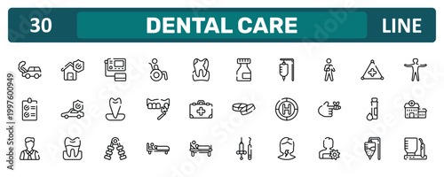 dental care outline icon set featuring car crash, wounded man, test tube and drop, dental irrigator icons.