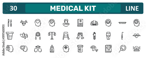 medical kit outline icon set featuring instruments, peace of mind, dental probe, ambulance lights icons.