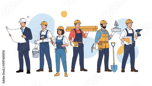 Diverse group of professional tradespeople including builders, painters, and engineers holding their respective tools and equipment.